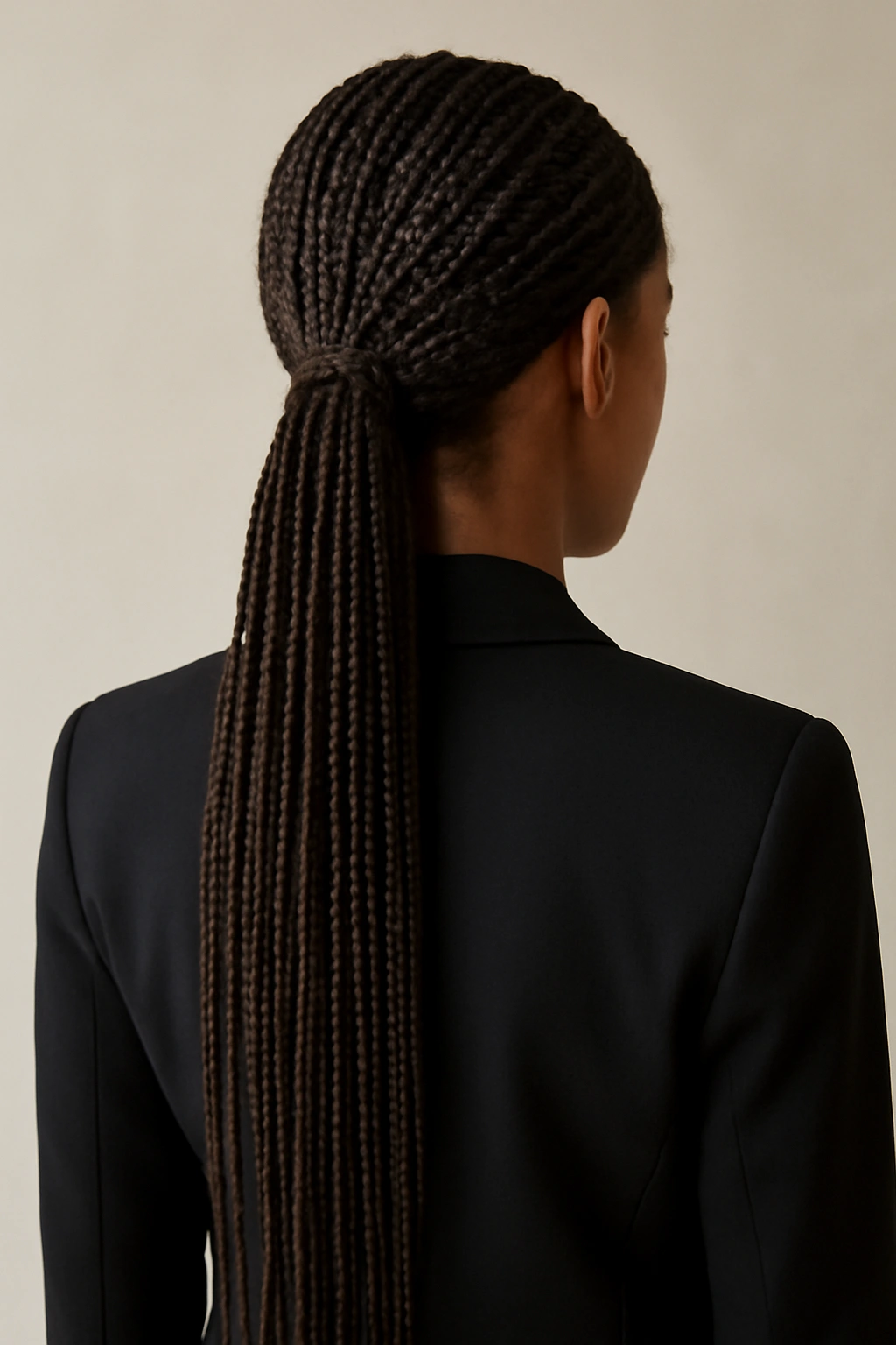 Hip-length braids in a sleek low ponytail.