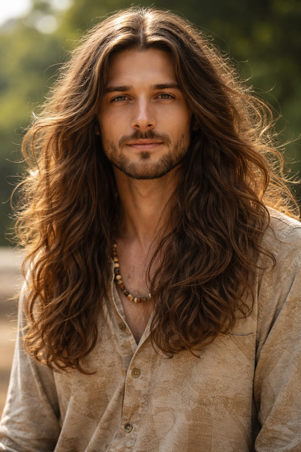 Long flowing hippie hairstyle with shoulder-length natural locks