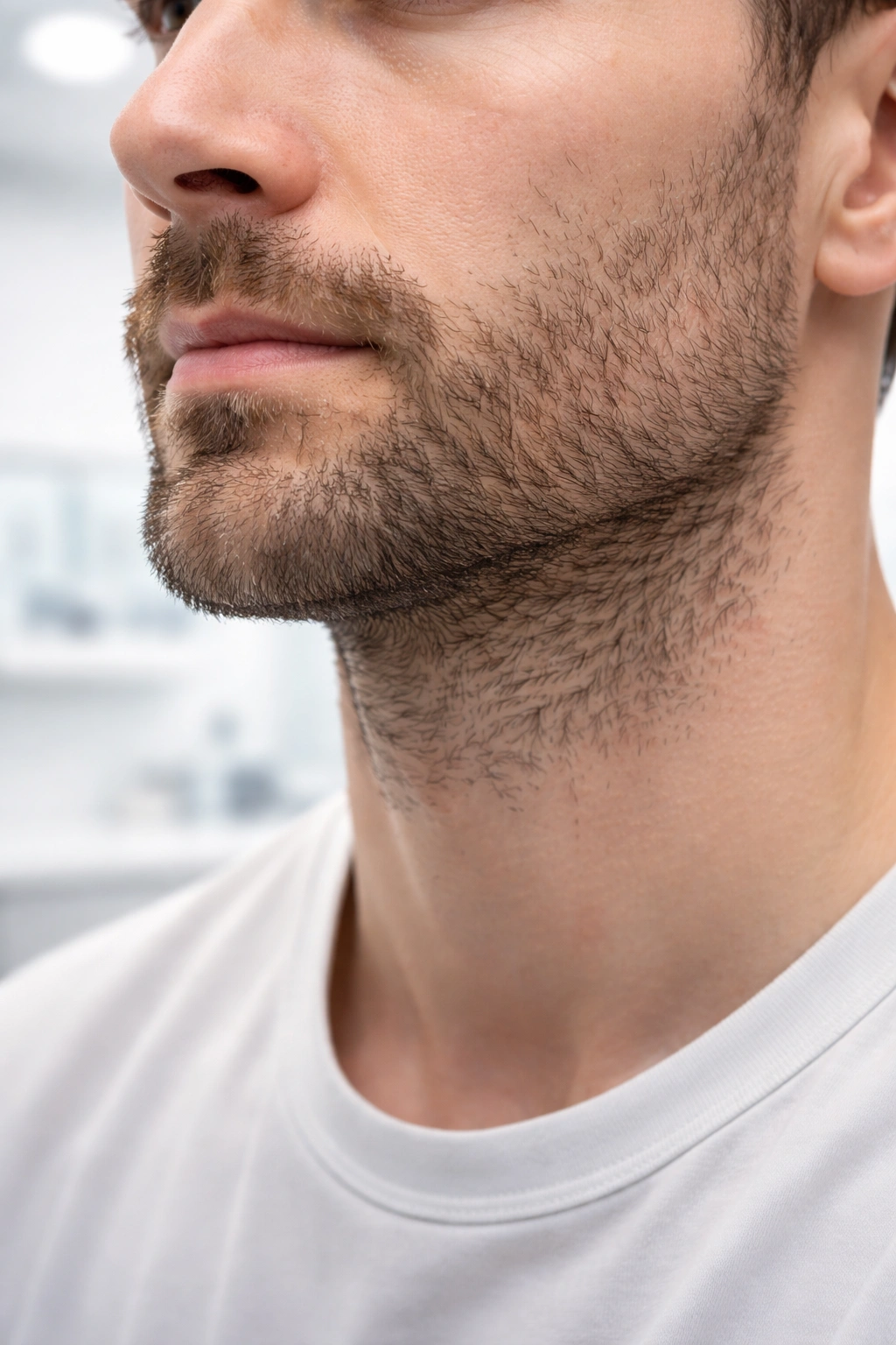 Beard with patchy growth on cheeks in a clinical setting suggesting hormonal concerns