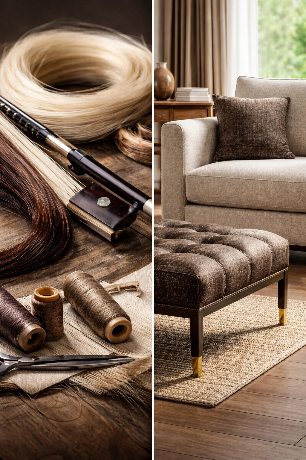 Split-frame with violin bow horsehair on one side and horsehair fabric on furniture on the other
