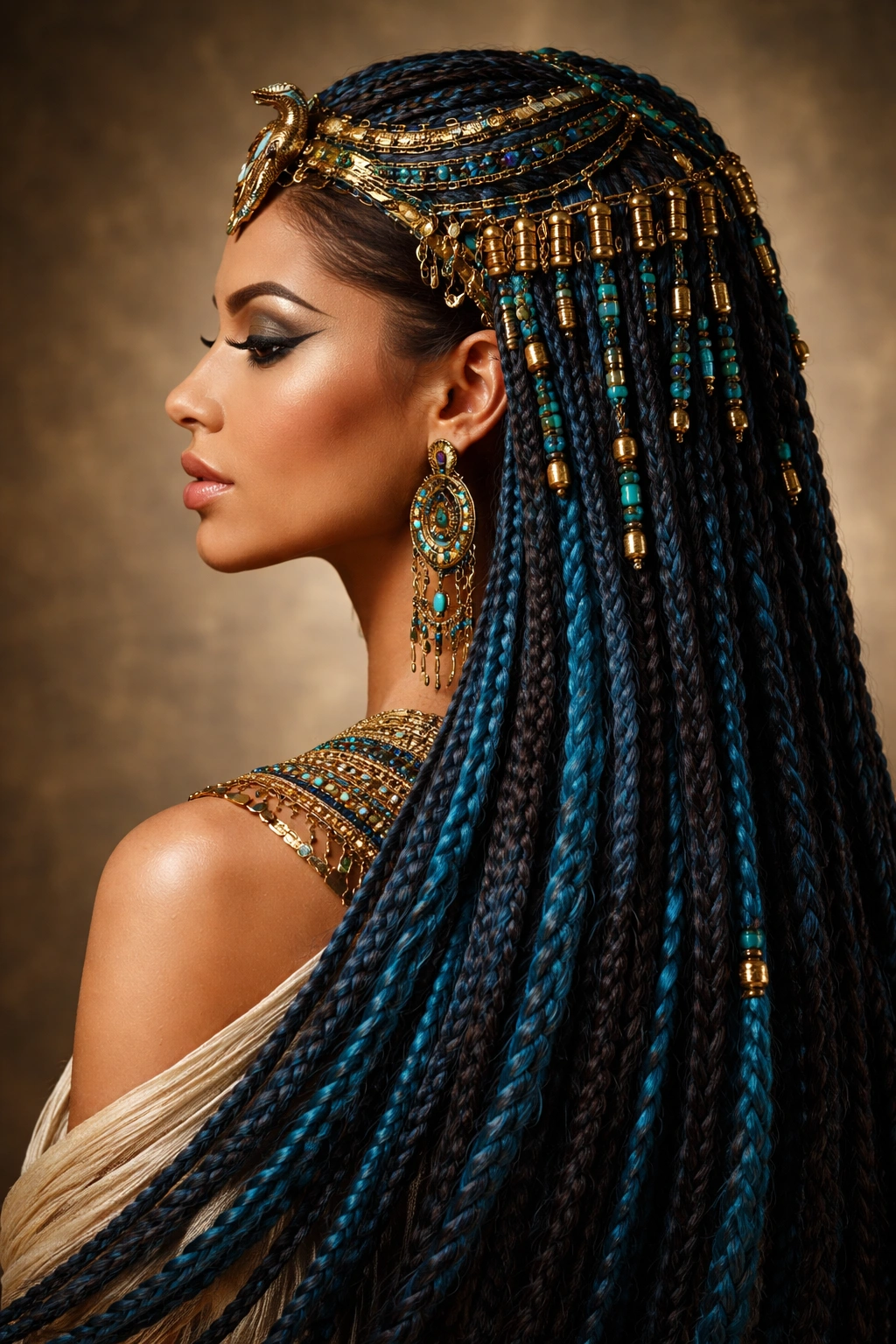 Side profile with ancient Egyptian peacock blue weave.