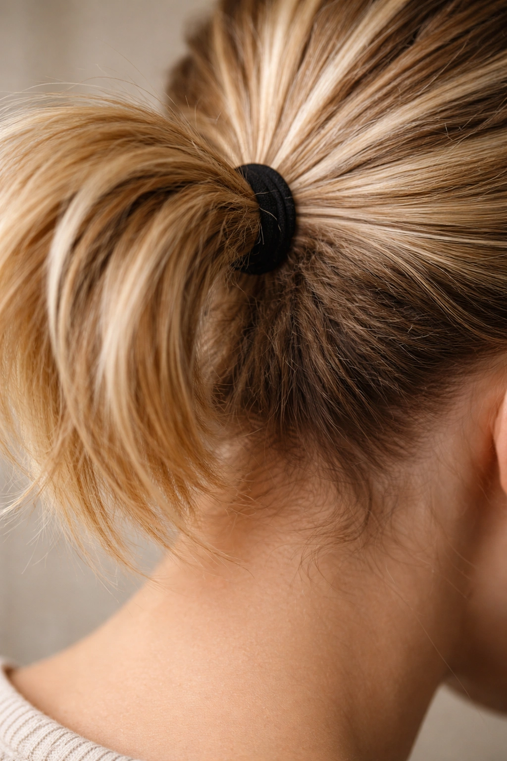 Textured base of ponytail showing grip for long-lasting hold