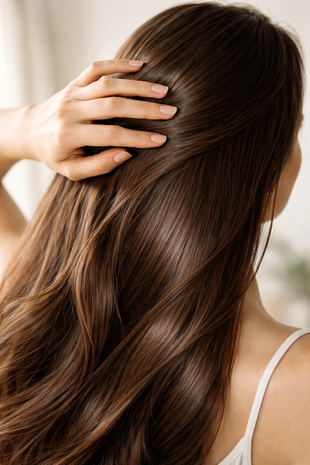 Hand running through healthy hair in soft light