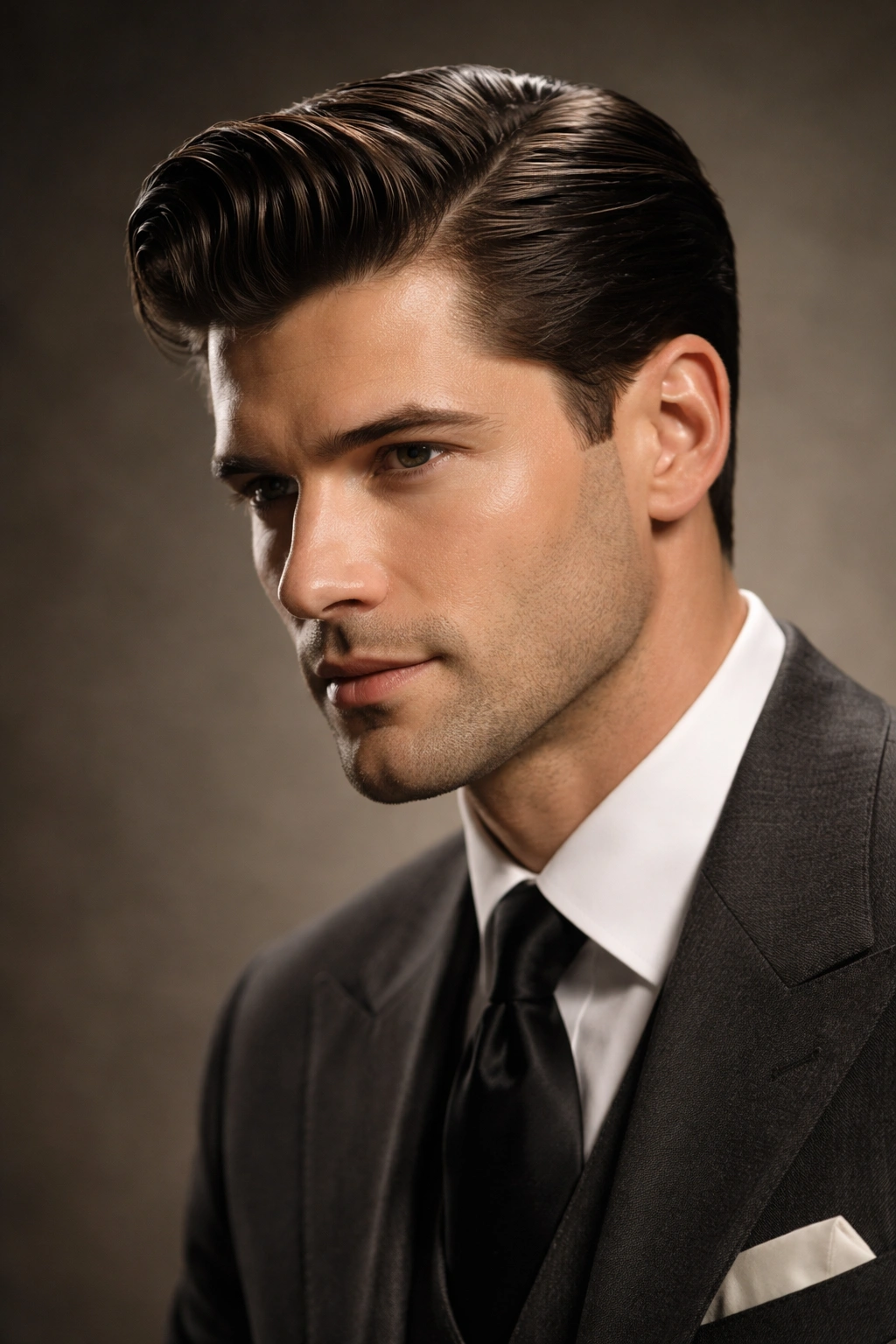 Three-quarter portrait of man with Hollywood wave hairstyle
