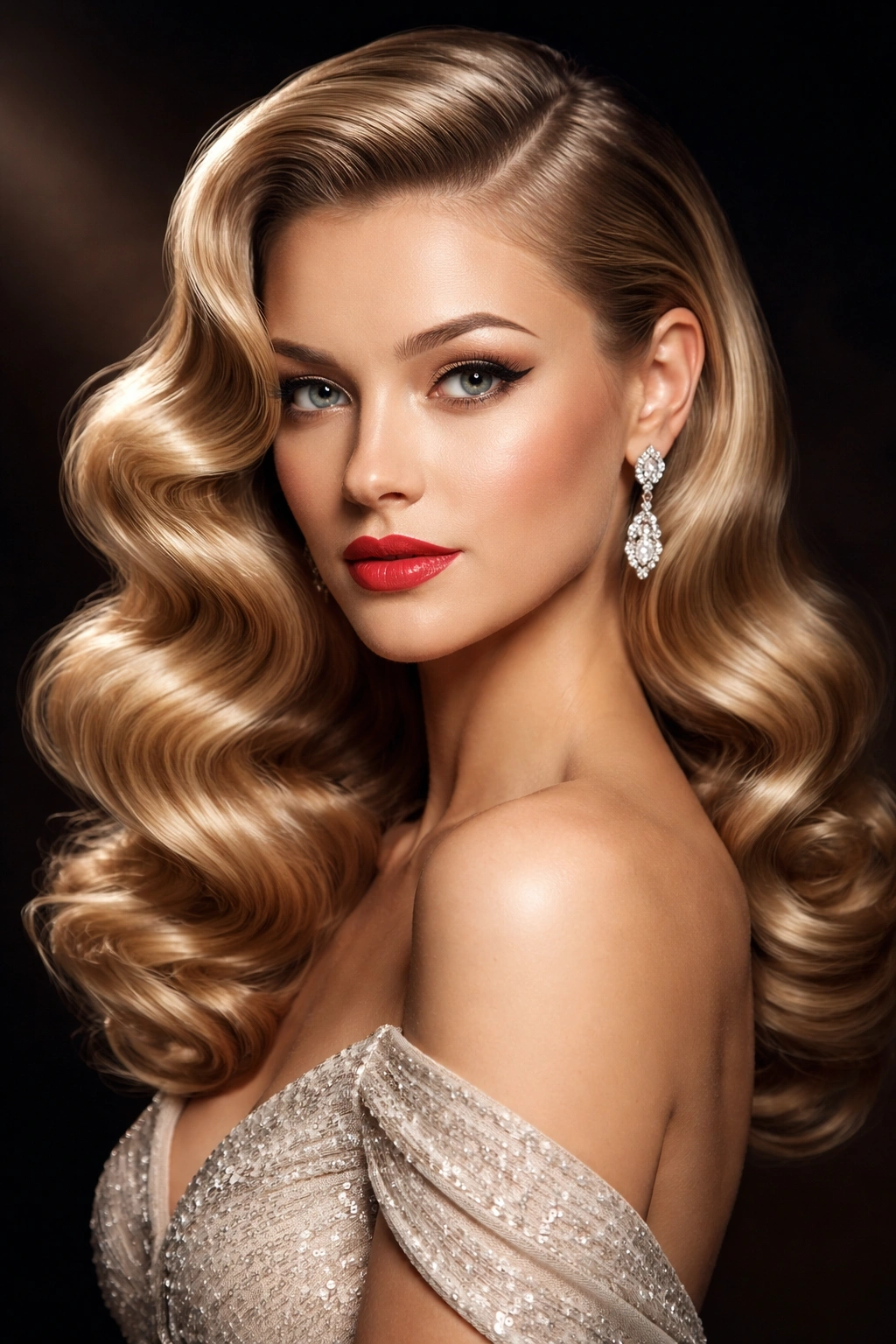 Portrait of Hollywood Waves hairstyle with large flowing waves