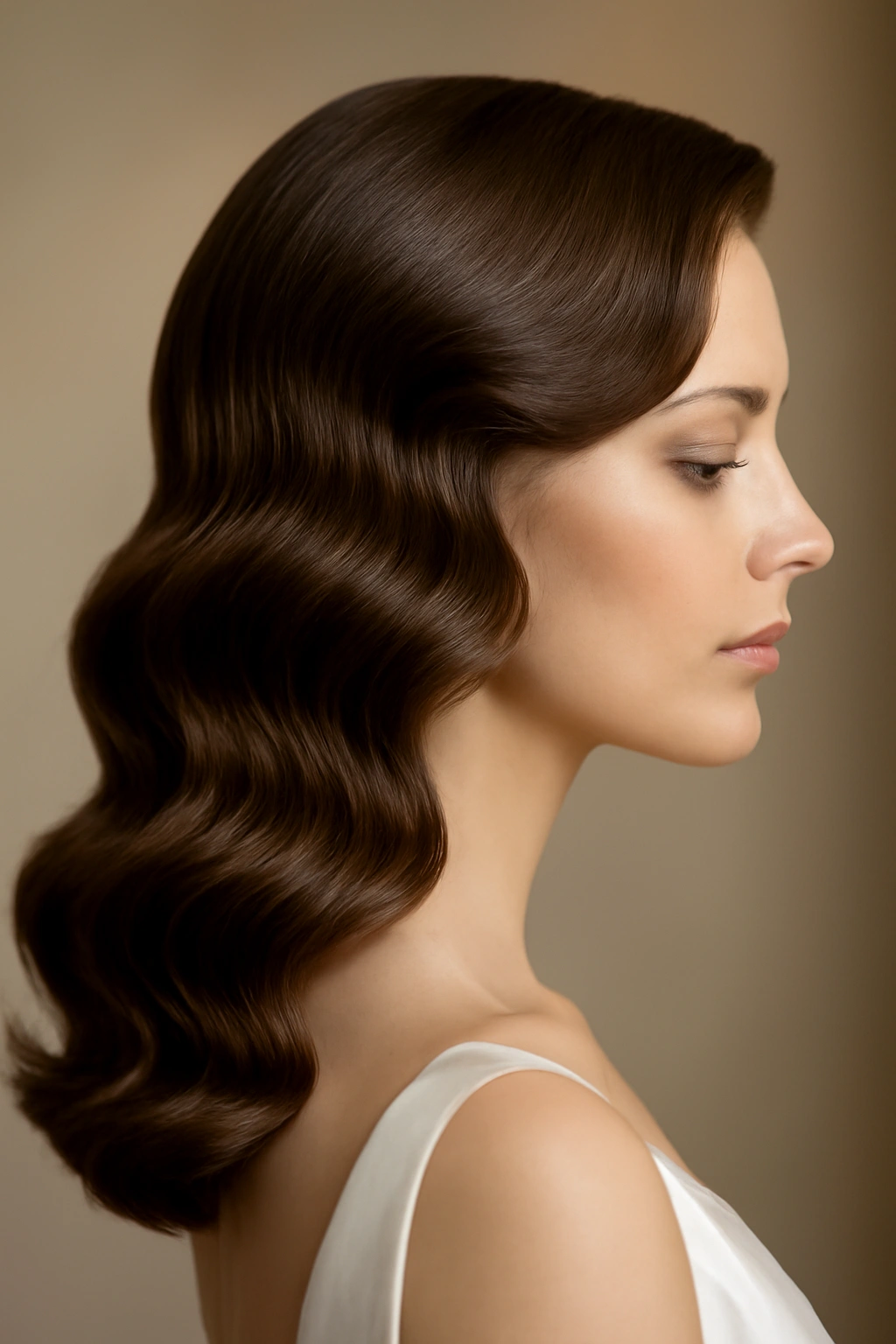Close-up of Hollywood waves bridal hairstyle with deep side part