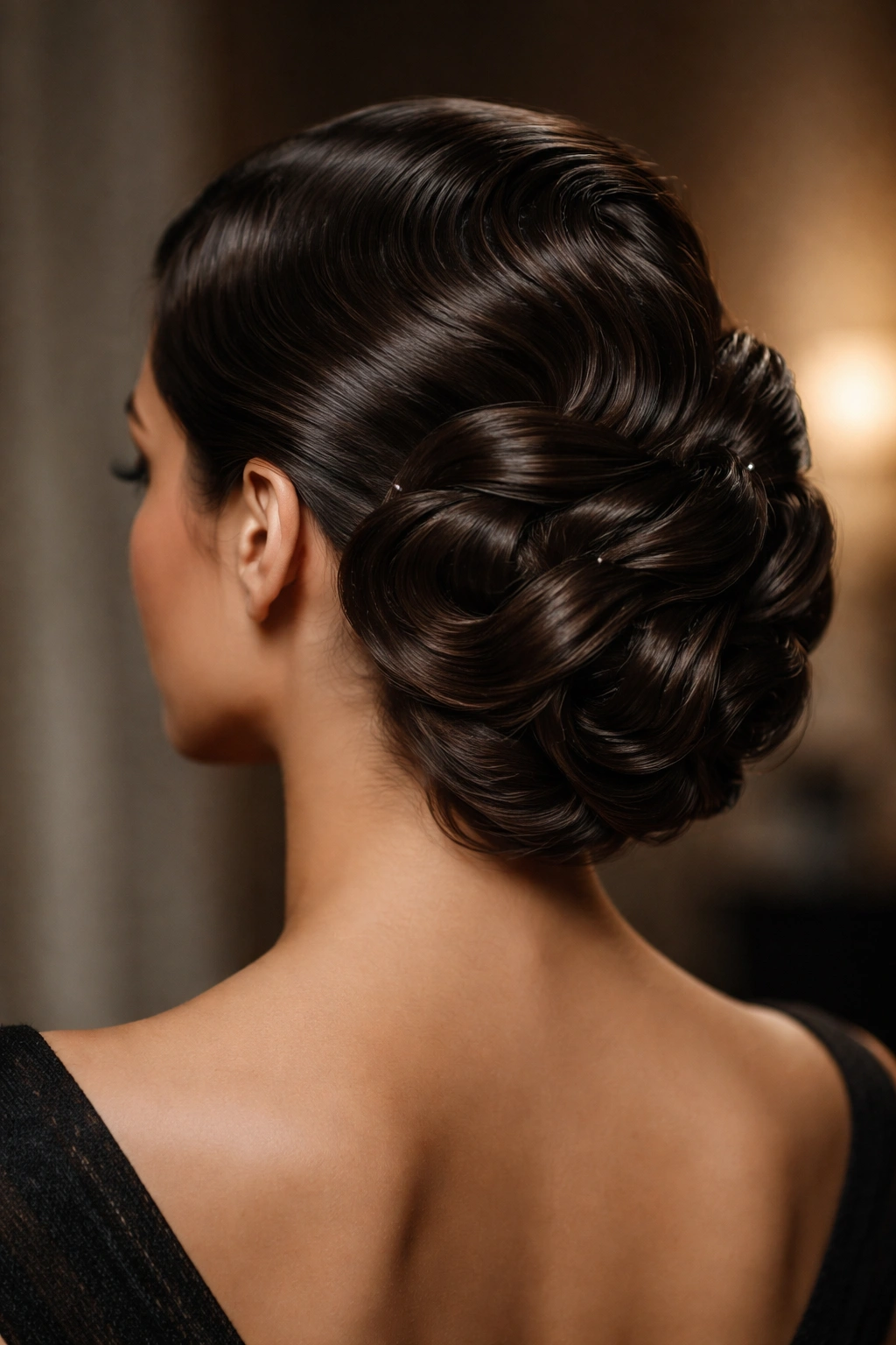 Glamorous Hollywood waves pinned up with glossy texture
