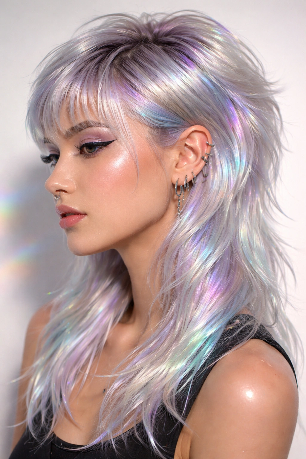 12 Dyed Mullet Haircuts Full Of Personality 11 Close-up of holographic silver mullet with iridescent tints catching light