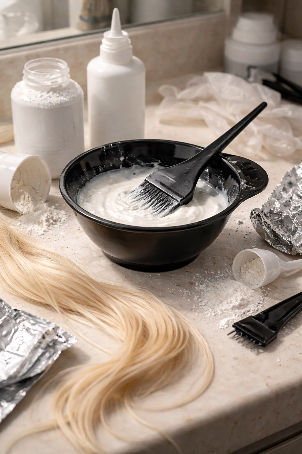 At-home bleaching setup with a mixing bowl, brush and hair strand, highlighting DIY risks