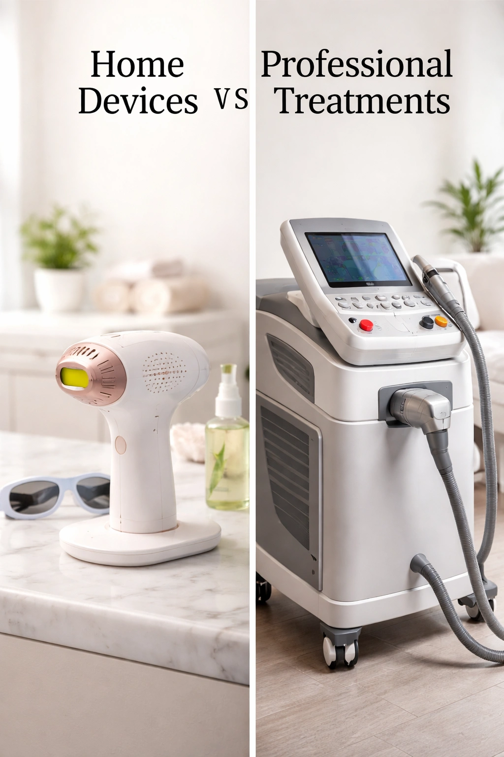 Home-use laser device beside professional laser in neutral setting