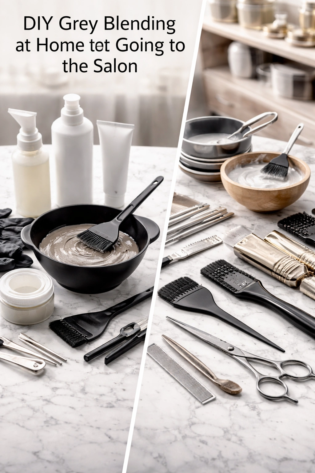 Split-scene image comparing at-home hair dye kits and professional salon tools for grey blending