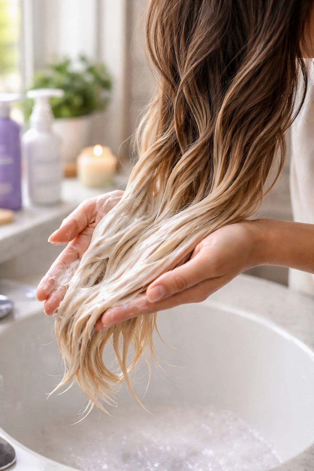 Hands applying conditioner to ombré ends in home care setting