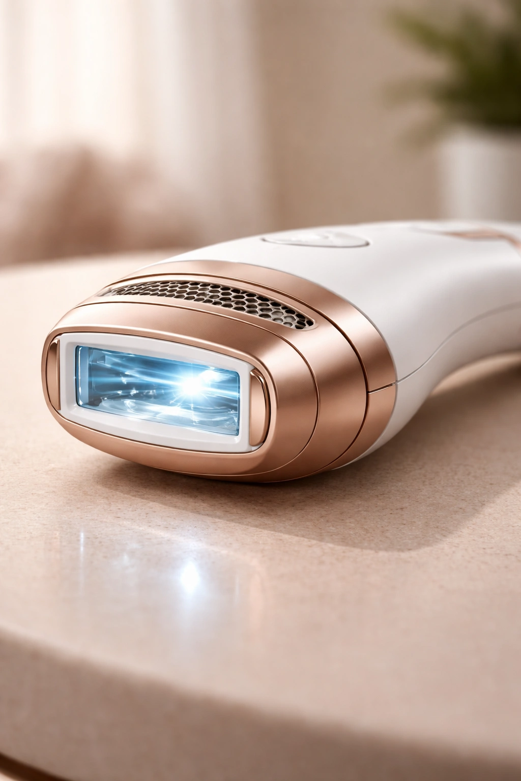Close-up of a handheld hair removal device showing safety features on a neutral surface.