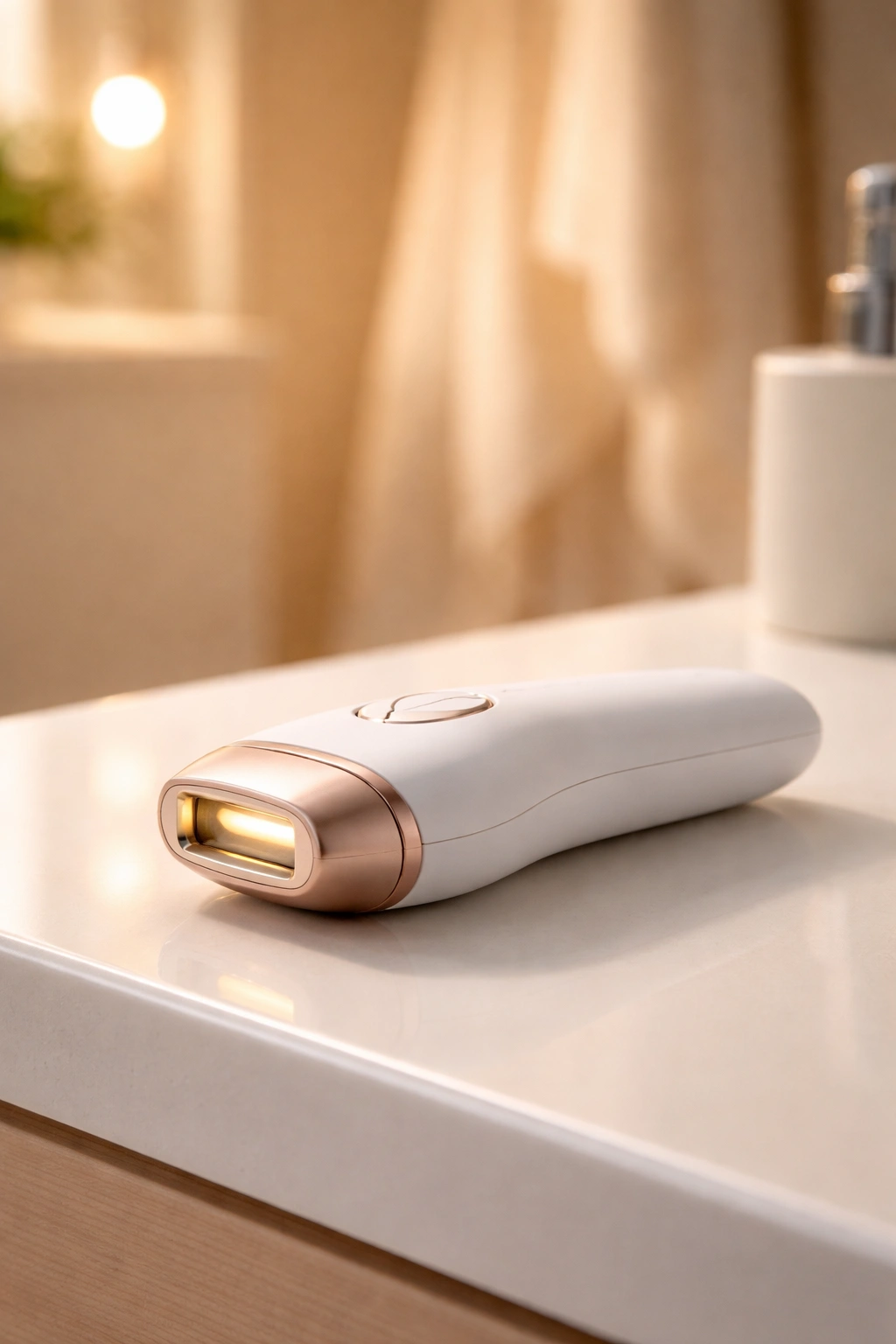 Sleek handheld laser hair removal device on clean counter with warm lighting.