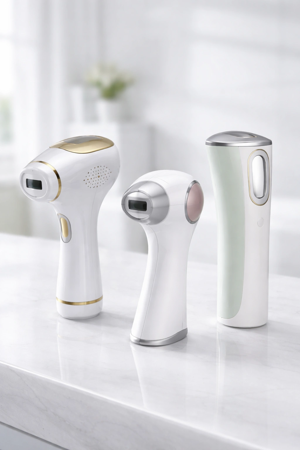 Three at-home laser devices on a reflective surface in a clinical setup.