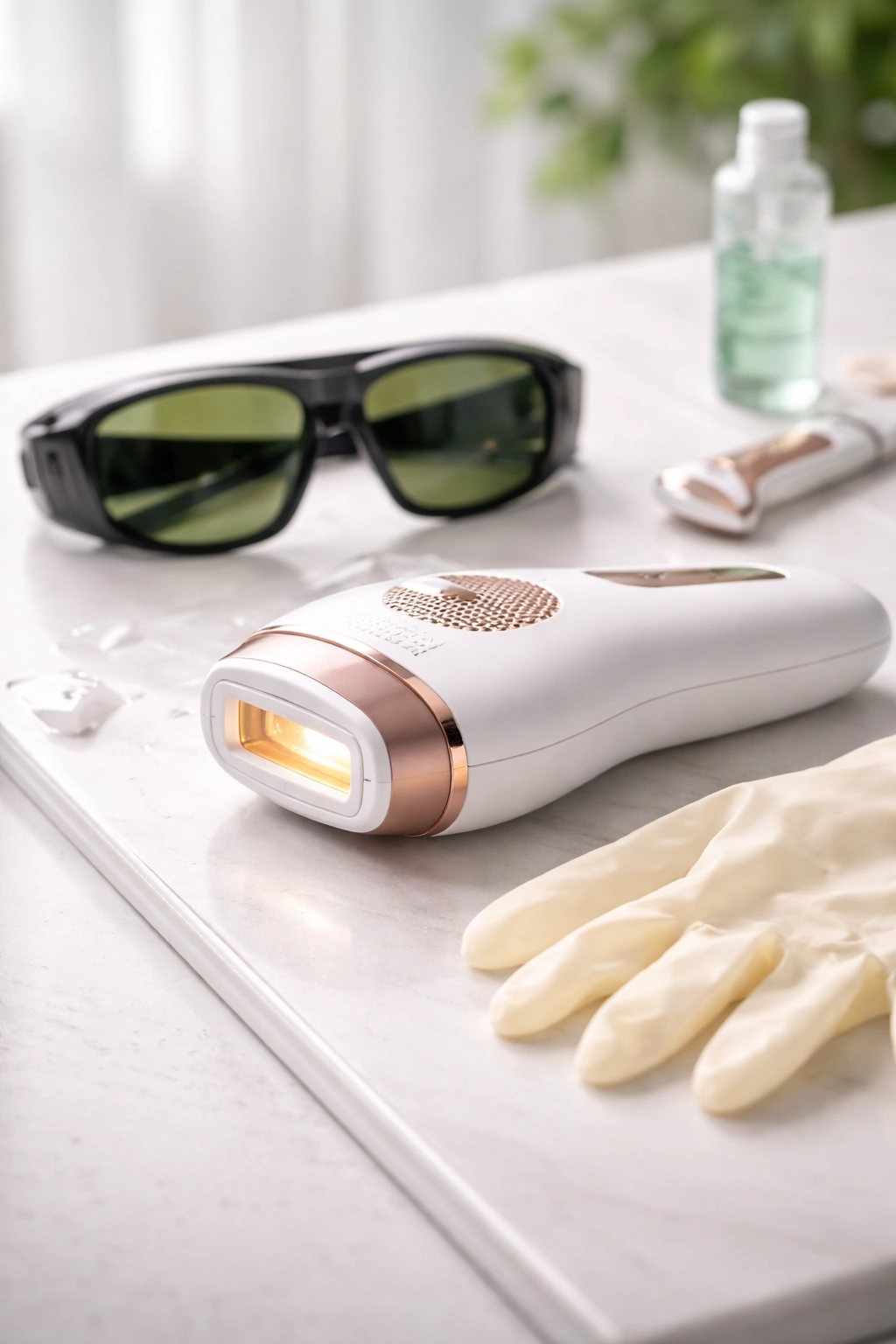 Close-up of a home-use laser device with safety goggles and glove to highlight safety precautions.