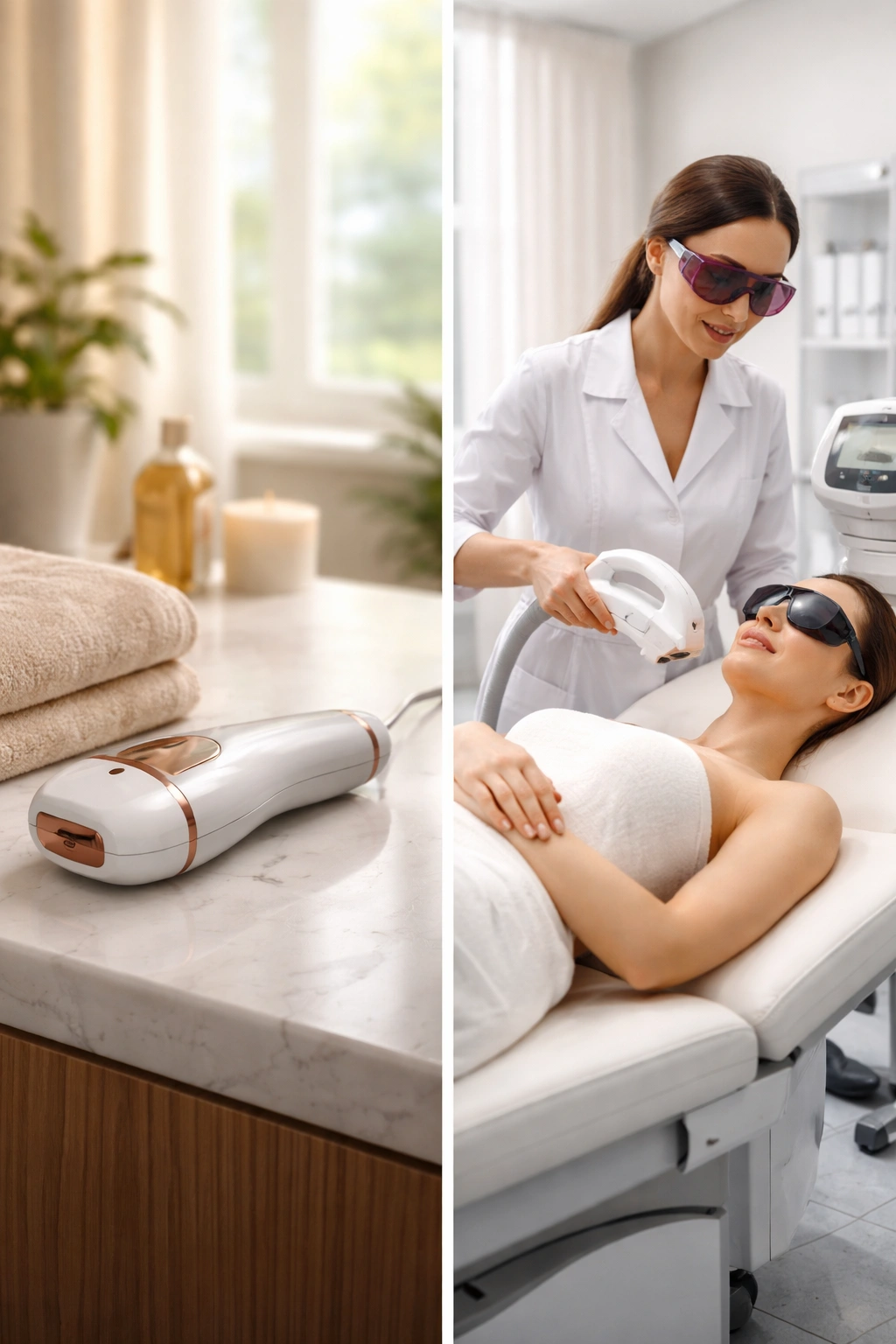 Home-use IPL device on bathroom counter with natural light