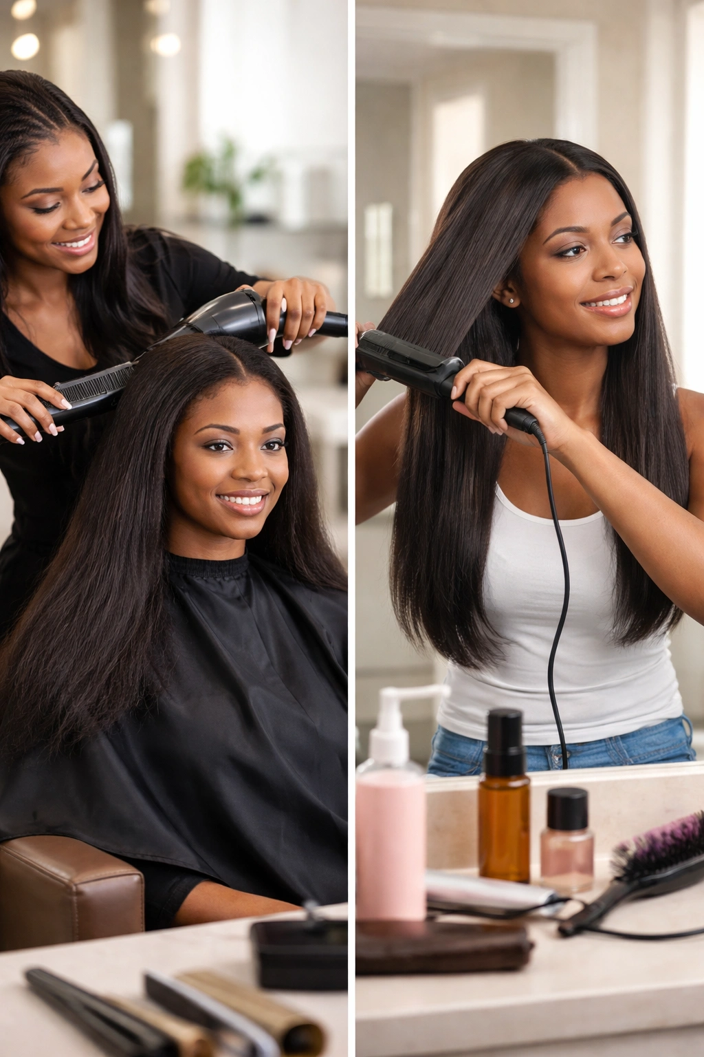 Split-scene of professional salon silk press vs at-home silk press