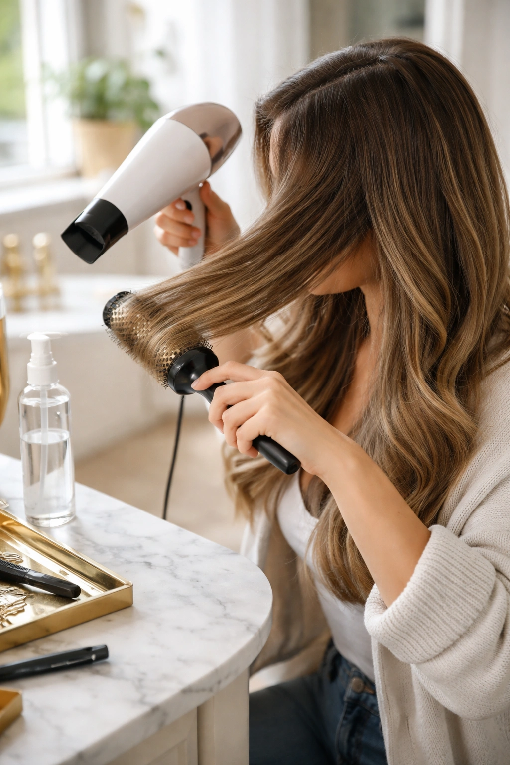 Person styling hair at home with round brush and hair dryer in a bathroom