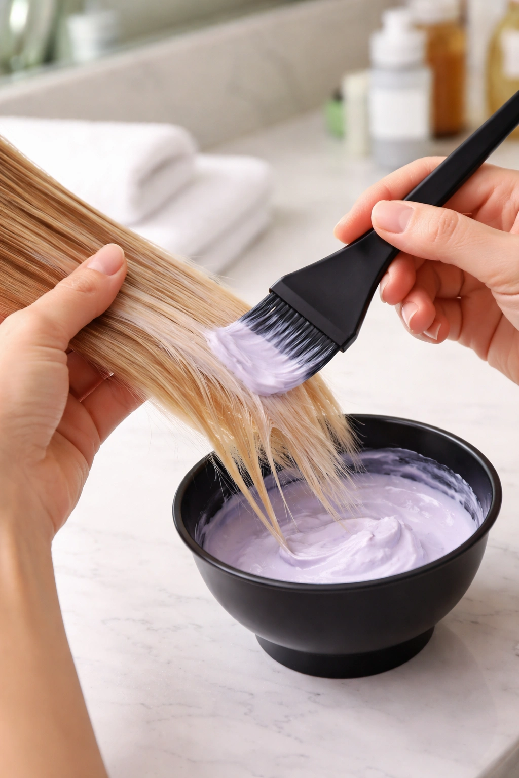 Hands applying toner to hair with brush in a home setting