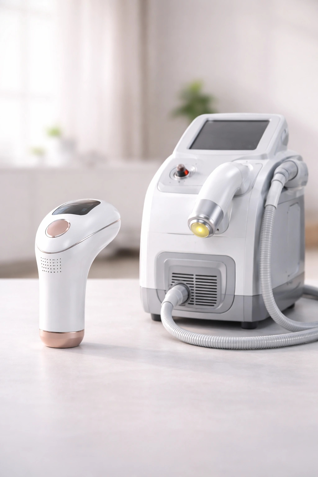 Two hair removal devices (home vs professional) shown side by side for comparison.