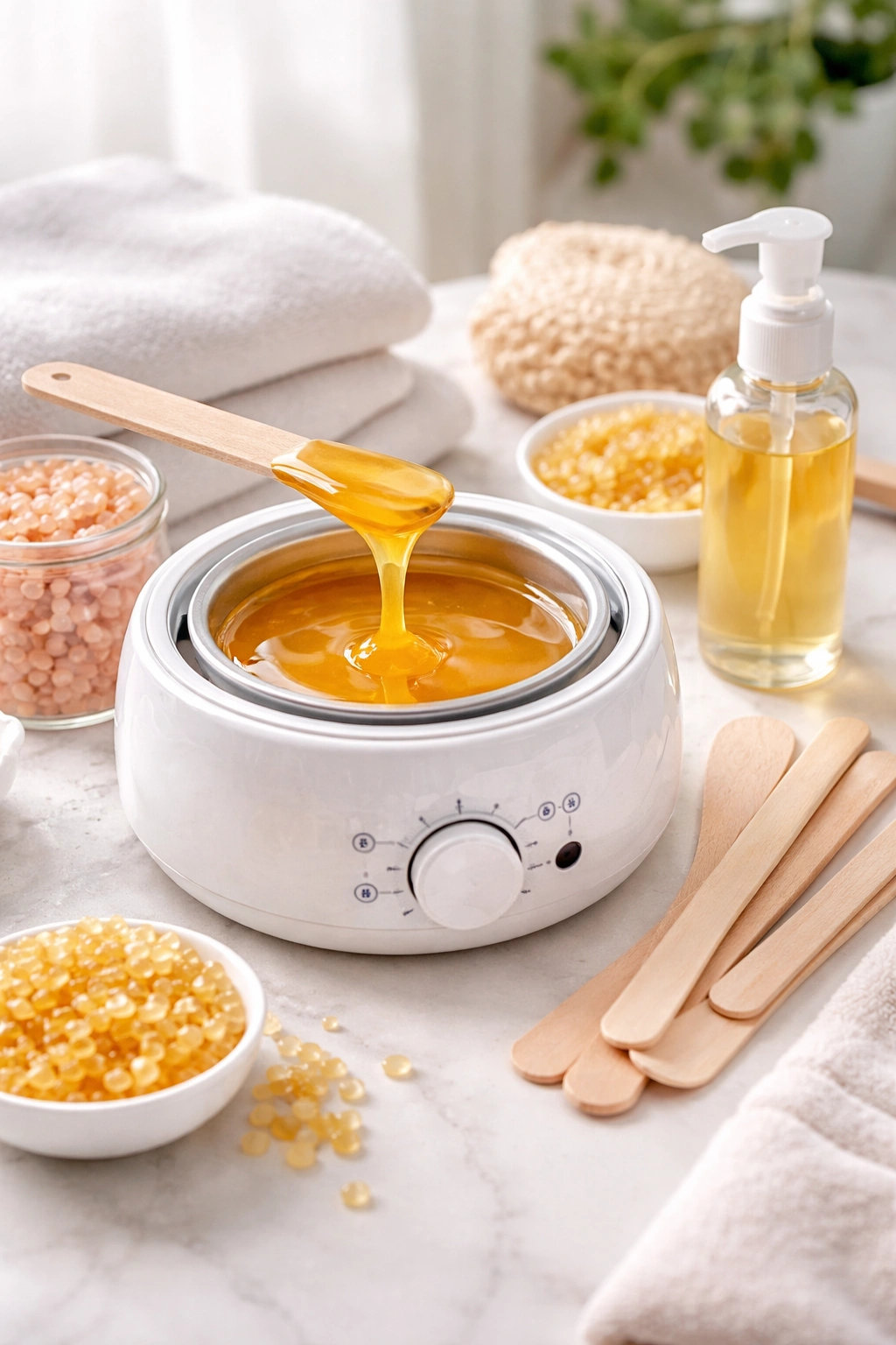 Close-up of a hard wax kit for at-home Brazilian waxing on a clean counter
