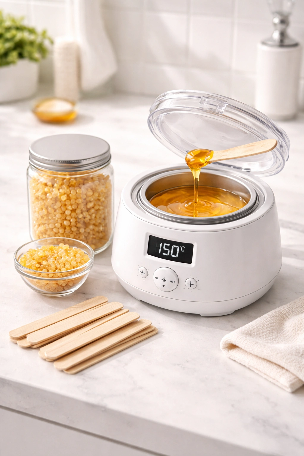 Close-up of an at-home waxing kit on a bathroom counter