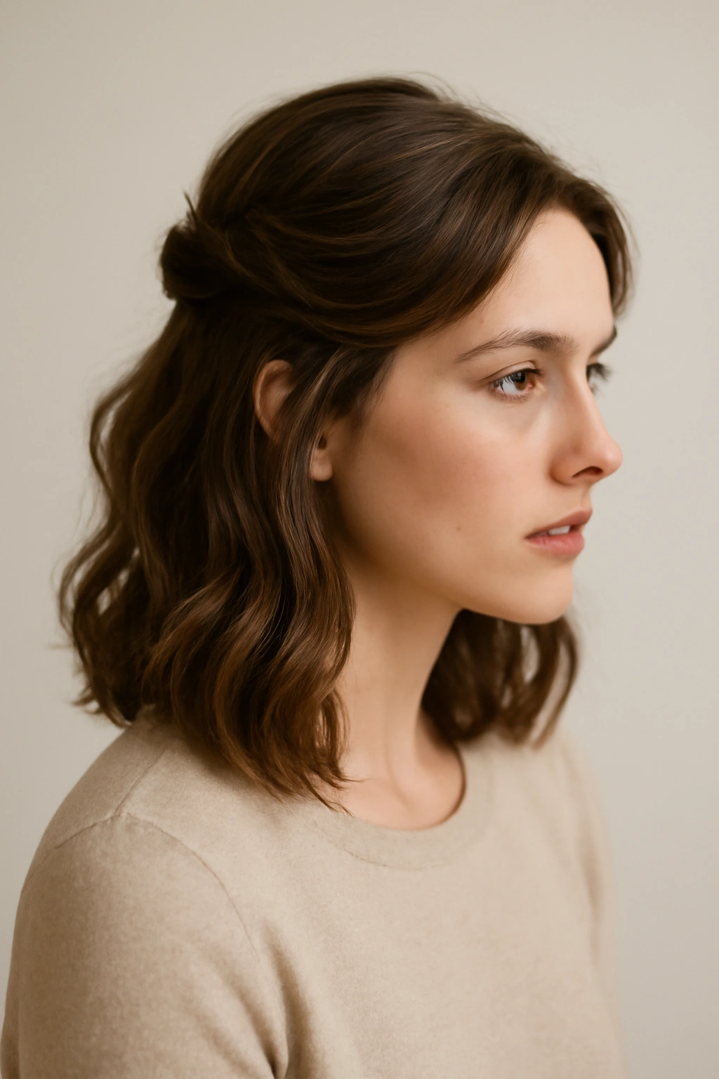 12 Adorable Homecoming Hairstyles for Medium Hair 13 Portrait of a person with a medium-length homecoming hairstyle featuring soft waves and a half-up style, reflecting a contemplative mood
