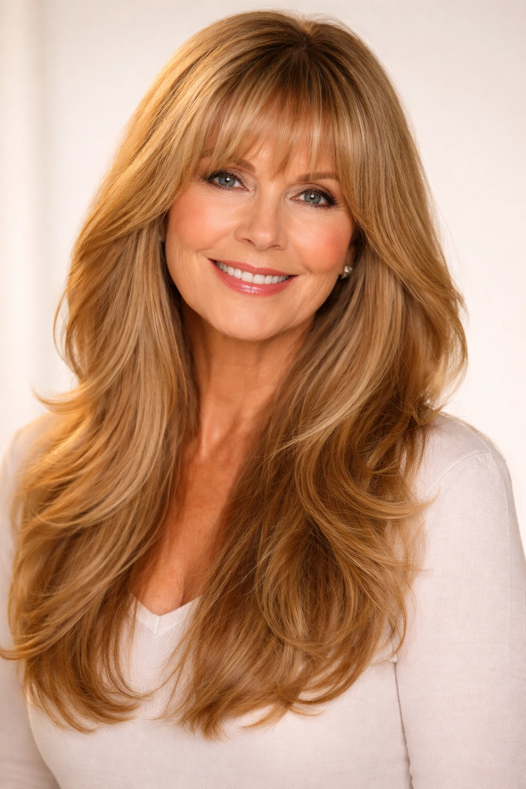 Long honey-blonde hair with layered bangs in studio lighting