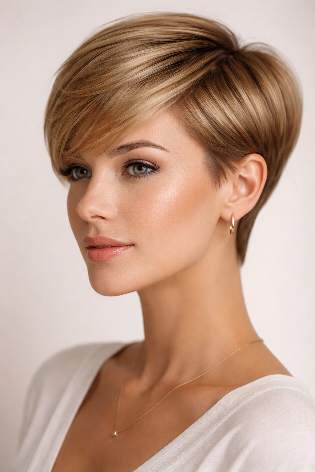15 Versatile Long Pixie Cuts For Everyday Wear 14 Portrait of a model with a sleek honey-blonde pixie cut in studio lighting.