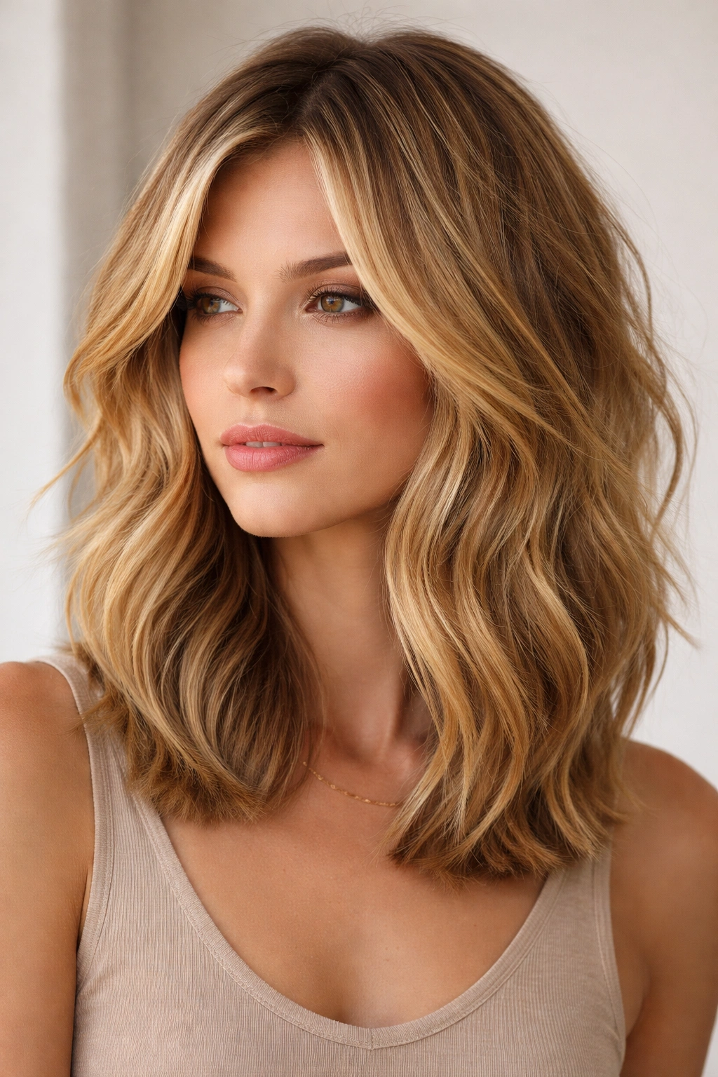 20 Medium Length Haircuts For Every Hair Texture 16 Textured honey-blonde lob with layers showing color dimension