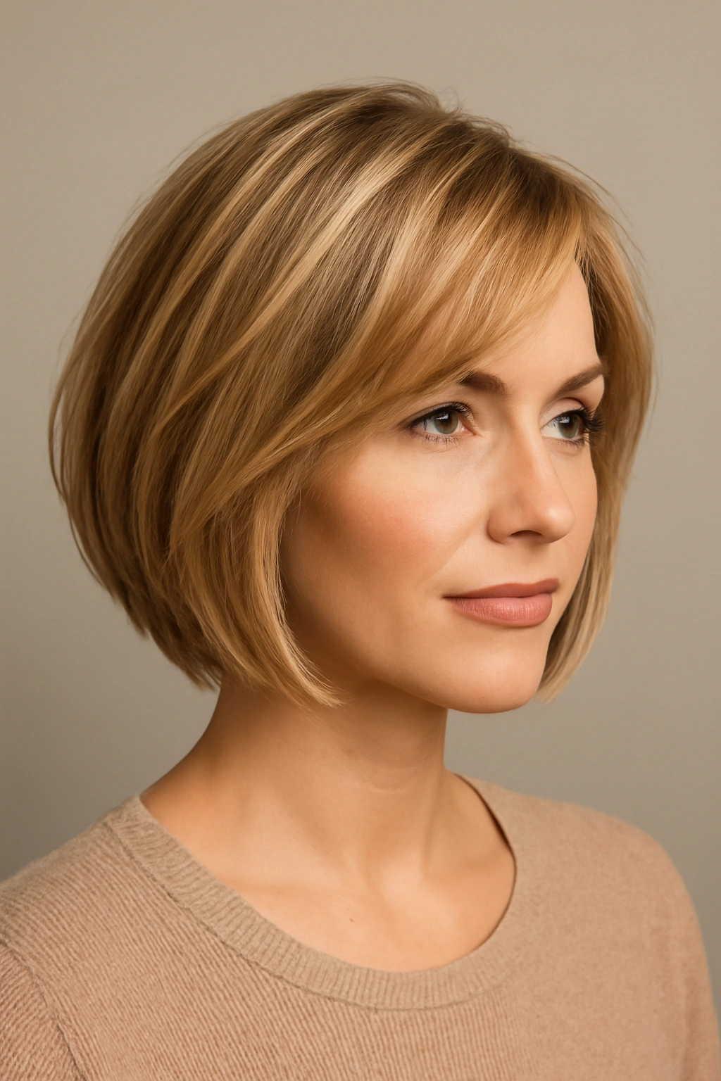 Hair in honey-blonde shade with dimensional highlights on a layered bob
