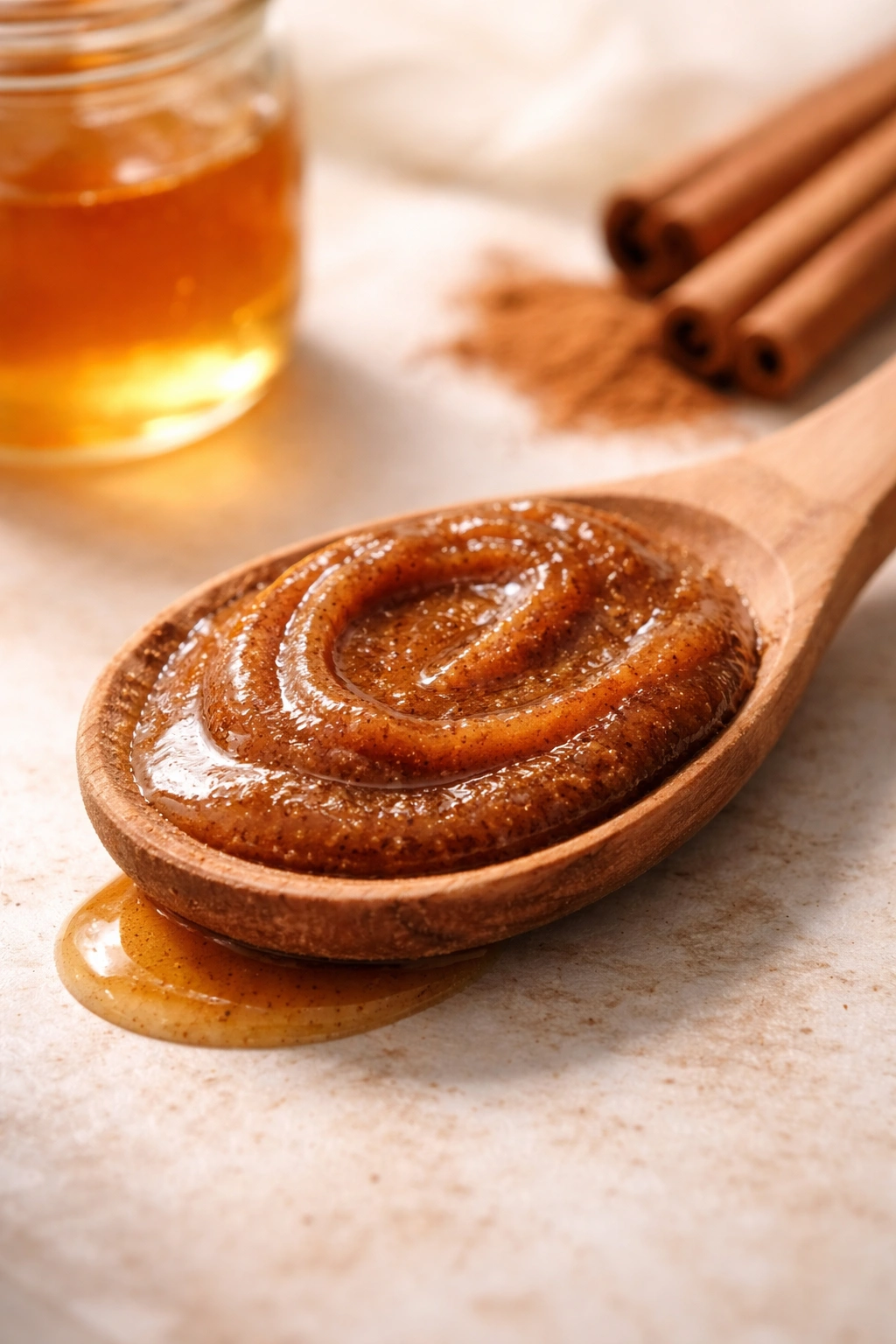 Amber honey and cinnamon paste on a wooden spoon