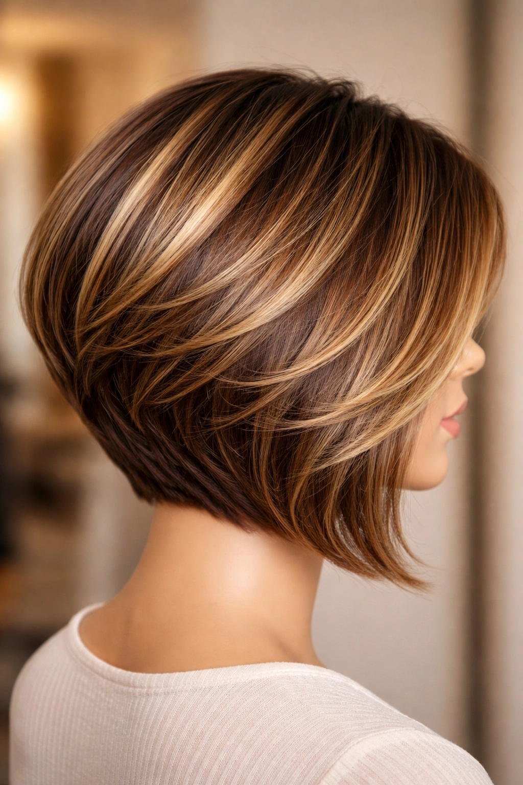 Stacked bob with honey caramel highlights catching light across layered sections.