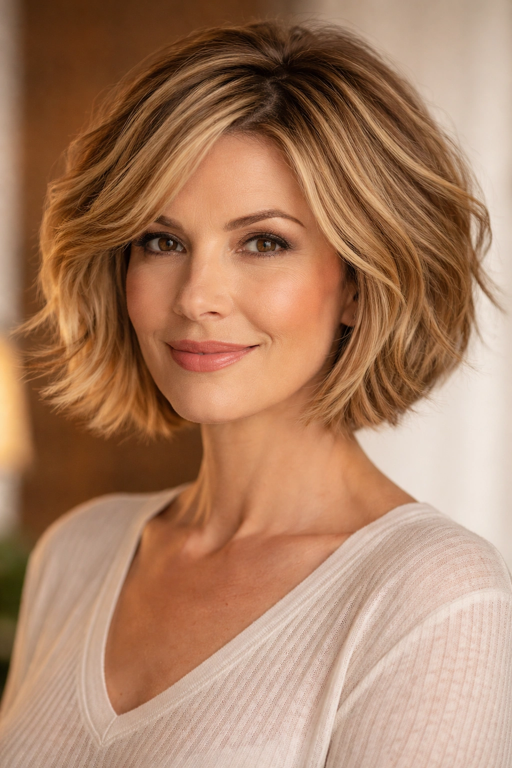 Textured bob with honey highlights adding warmth and dimension.