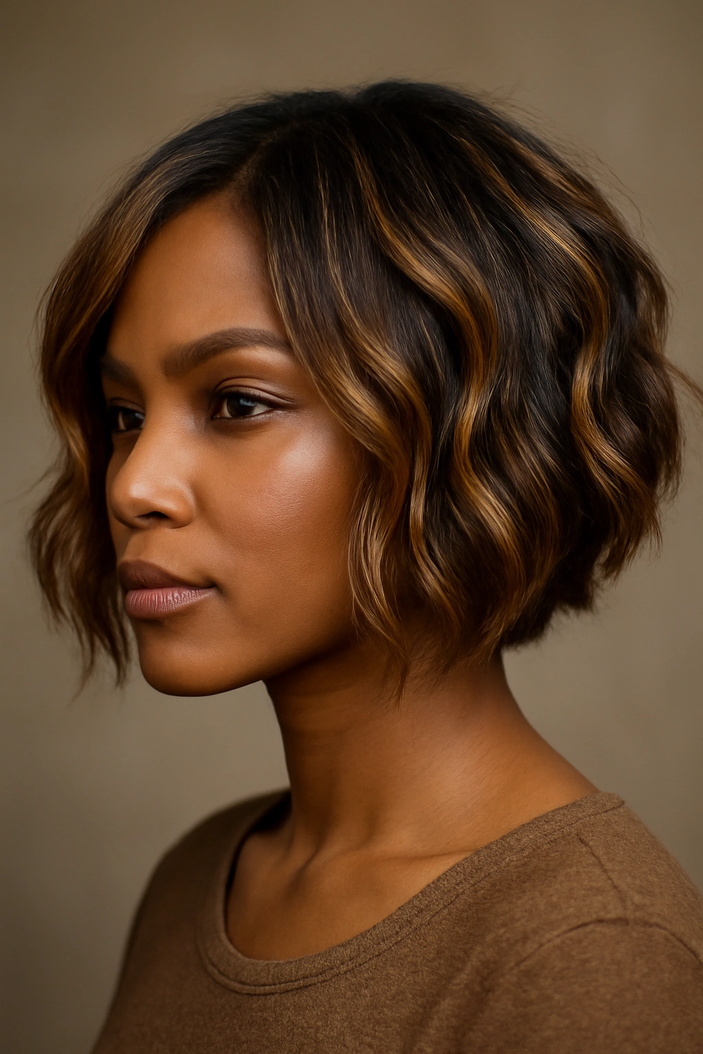 12 Bob Haircuts for Black Women Worth Bookmarking 11 Honey-highlighted textured bob on a Black woman in studio lighting