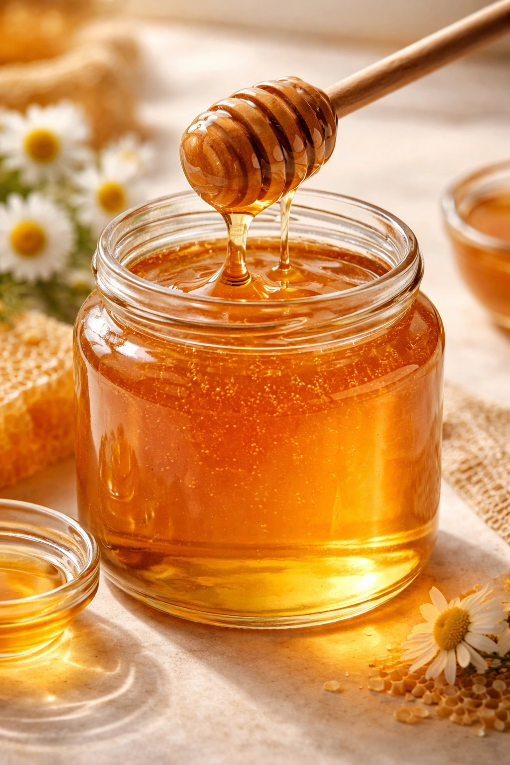 Glossy jar of raw honey on a neutral surface