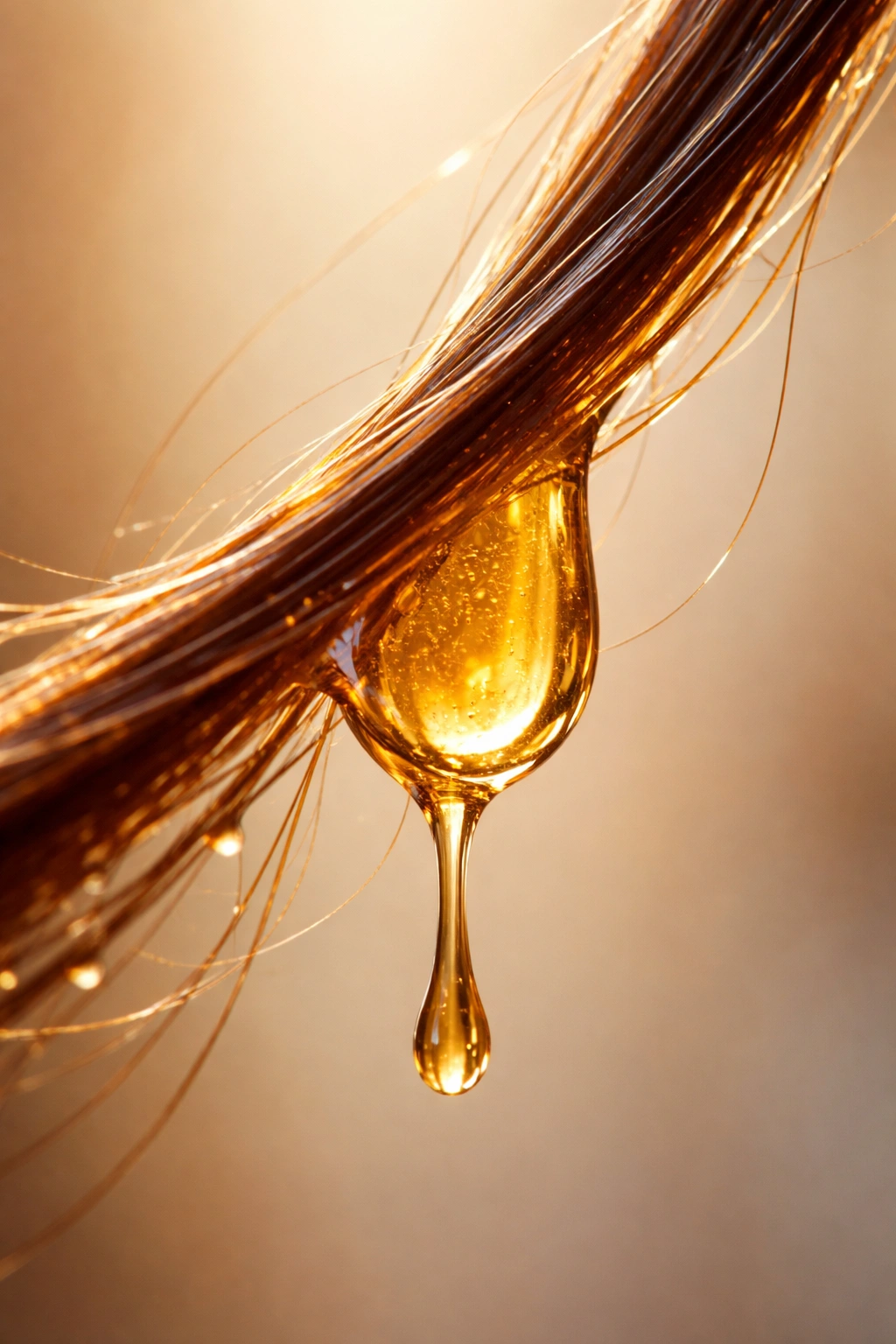 Close-up of a hair strand with a bead of honey for moisture and shine