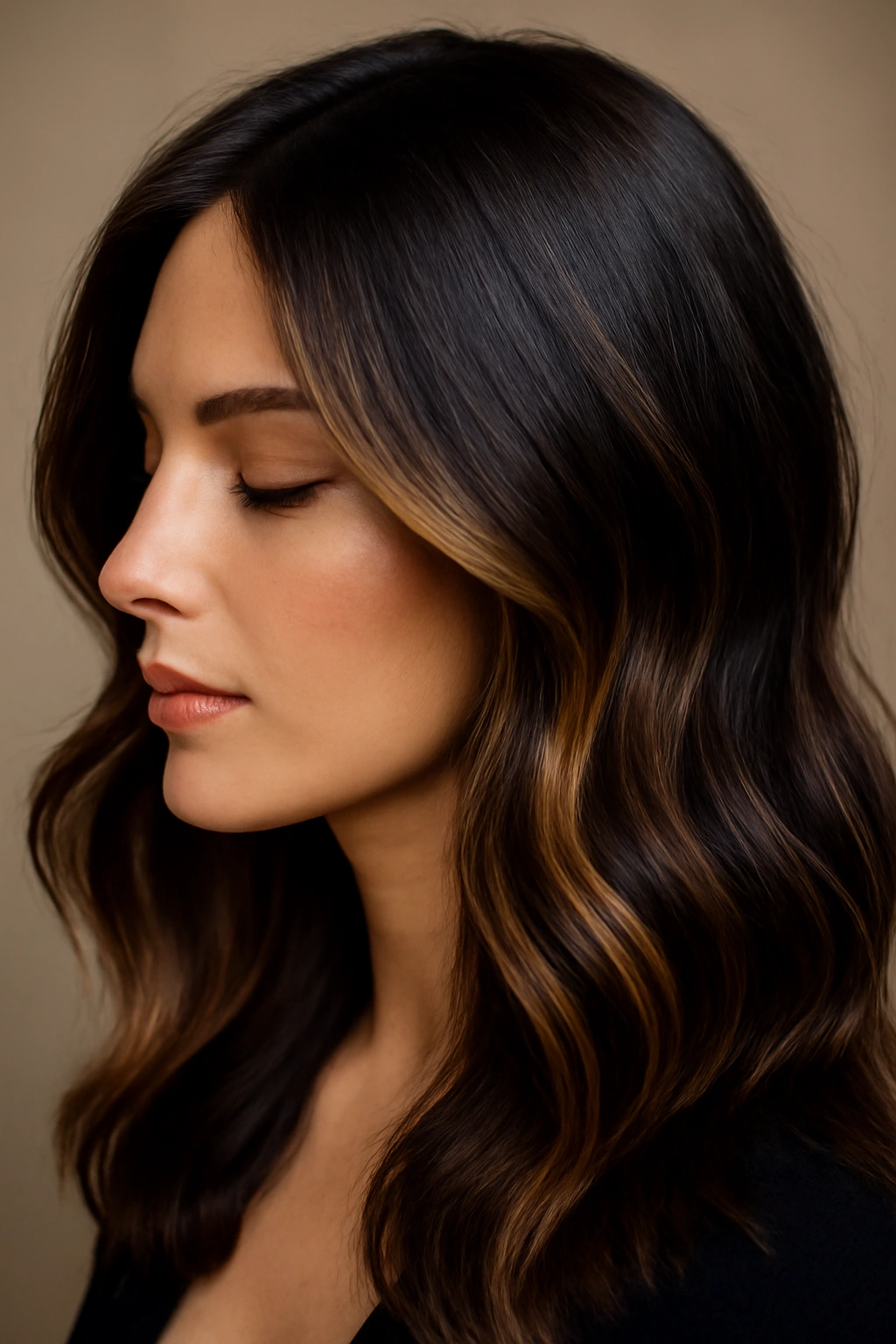 15 Dark Chocolate Hair Ideas That Look Rich and Luxurious on Every Skin Tone 12 Close-up of deep chocolate hair showing honey money pieces framing the face