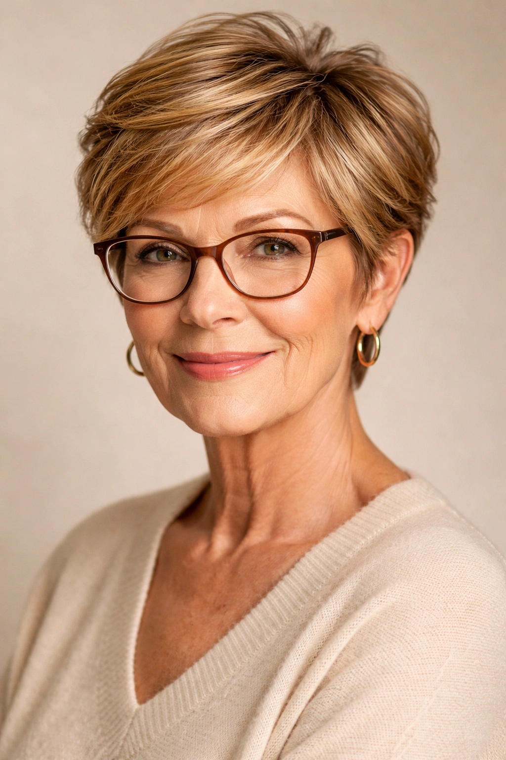 Close-up of a woman with honey caramel pixie and warm highlights, wearing glasses.