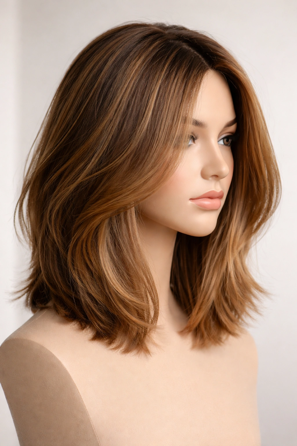 Close-up of a shoulder-length honey-toned lob with natural dimension on a neutral mannequin head