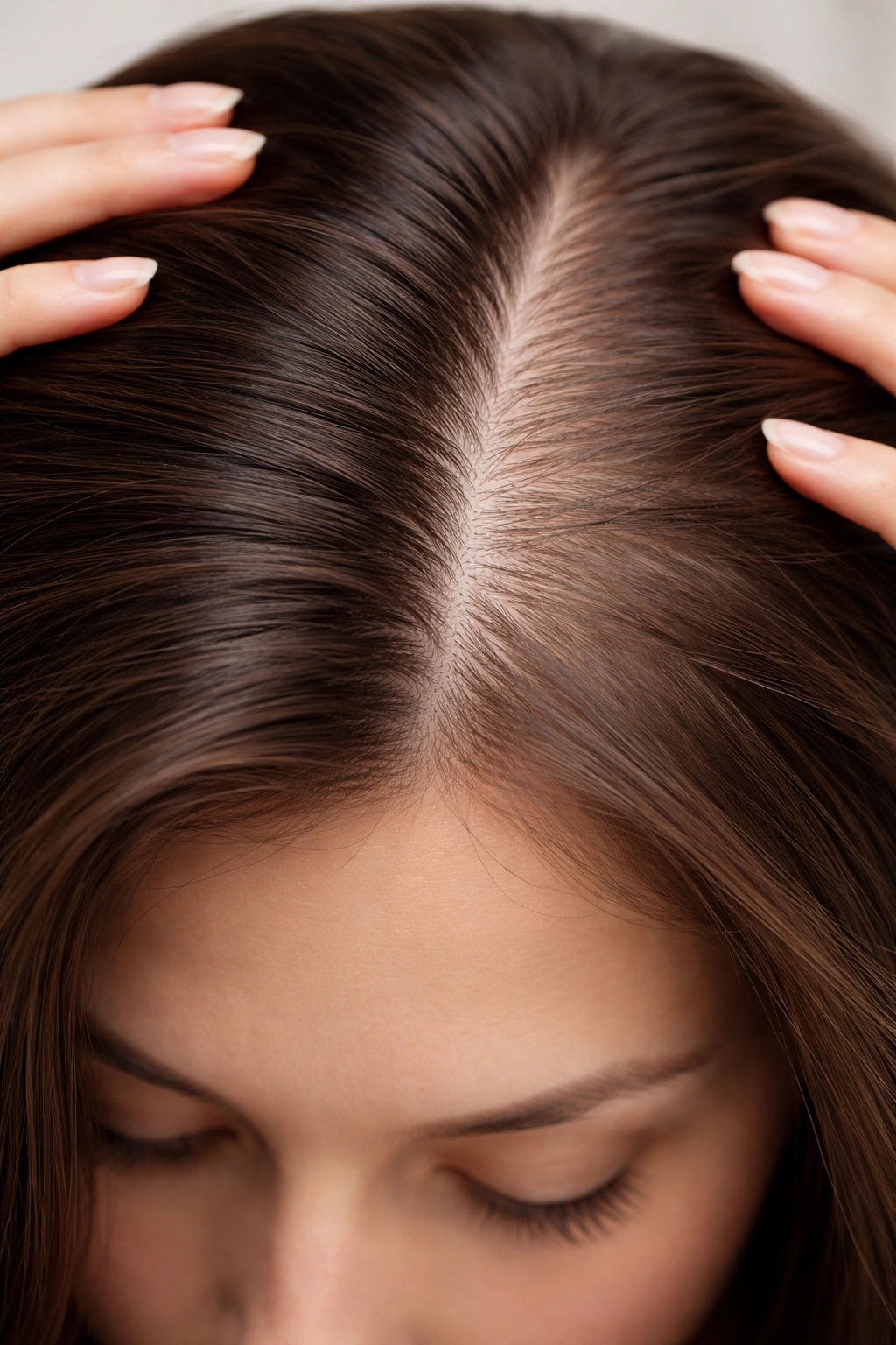 Close-up of scalp showing density changes due to hormonal fluctuations.