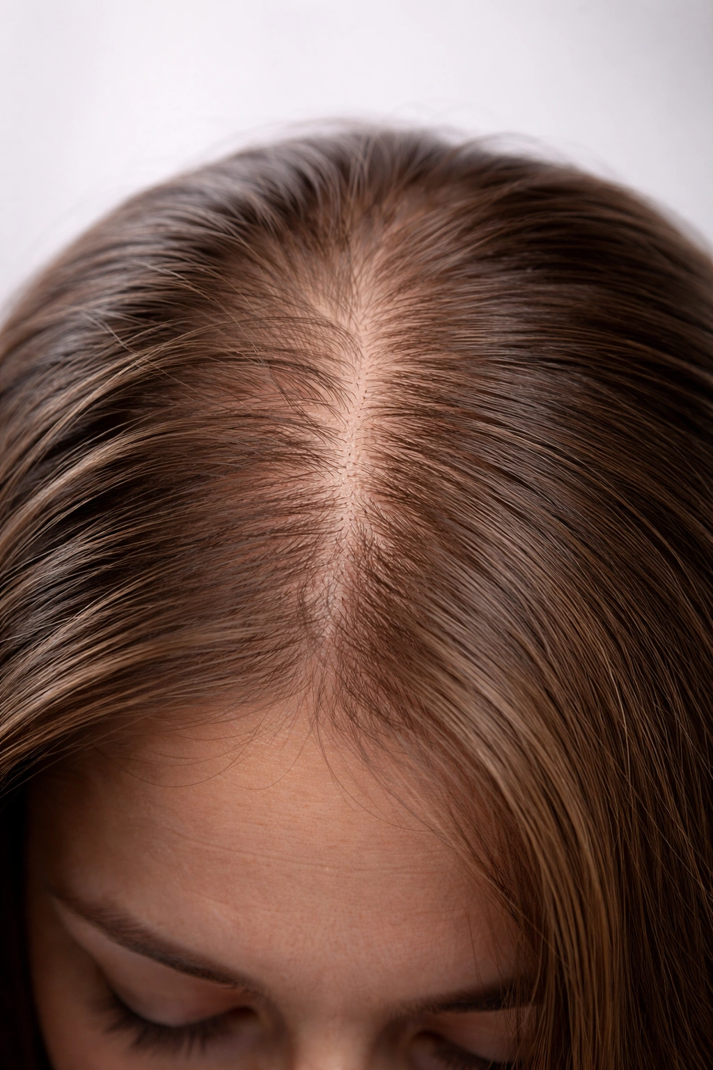 Close-up of scalp showing uneven hair density indicating hormonal imbalance