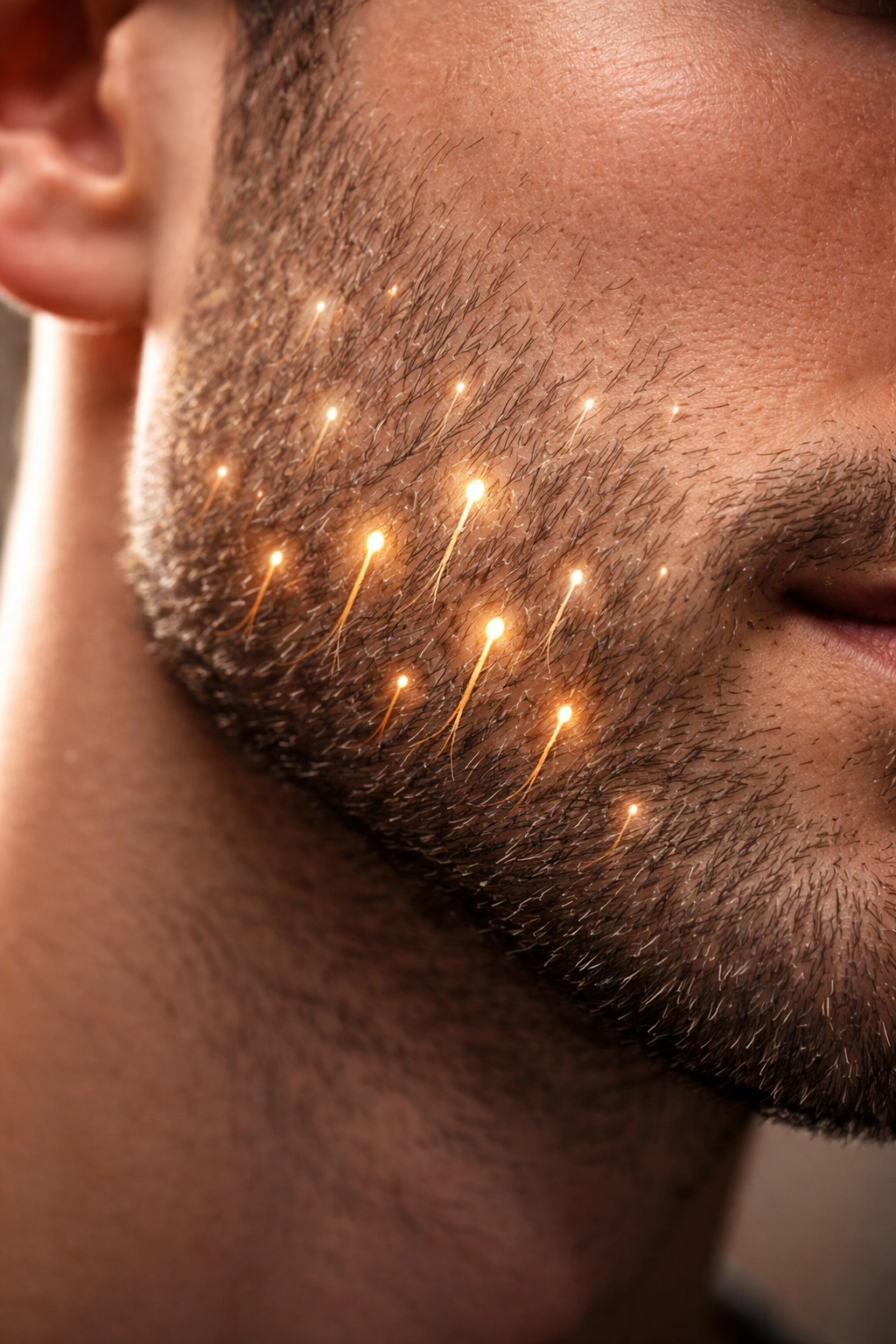 Cheek with glowing glow around hair follicles to symbolize hormonal activity
