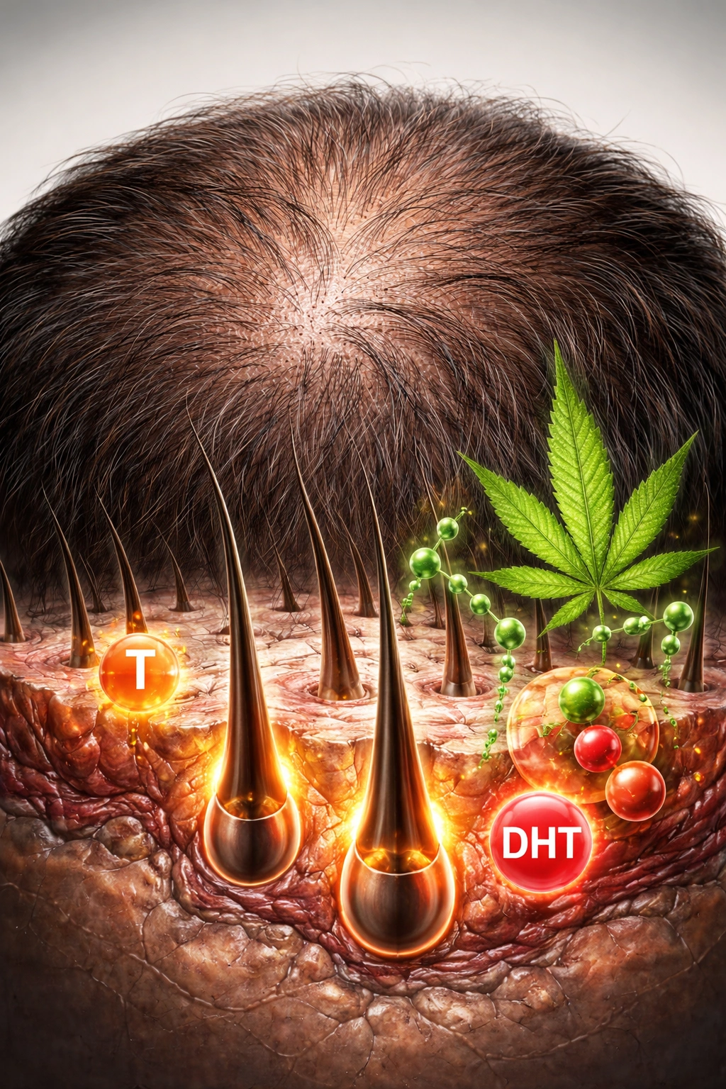 Male scalp close-up with thinning crown and hormonal structures visualization