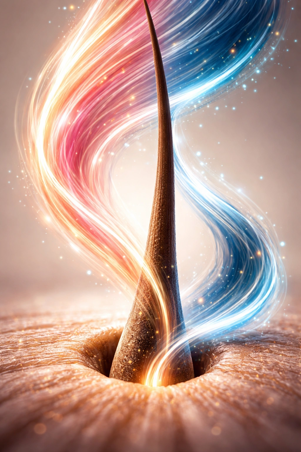 Stylized hormone streams around a hair follicle illustrating hormonal influence