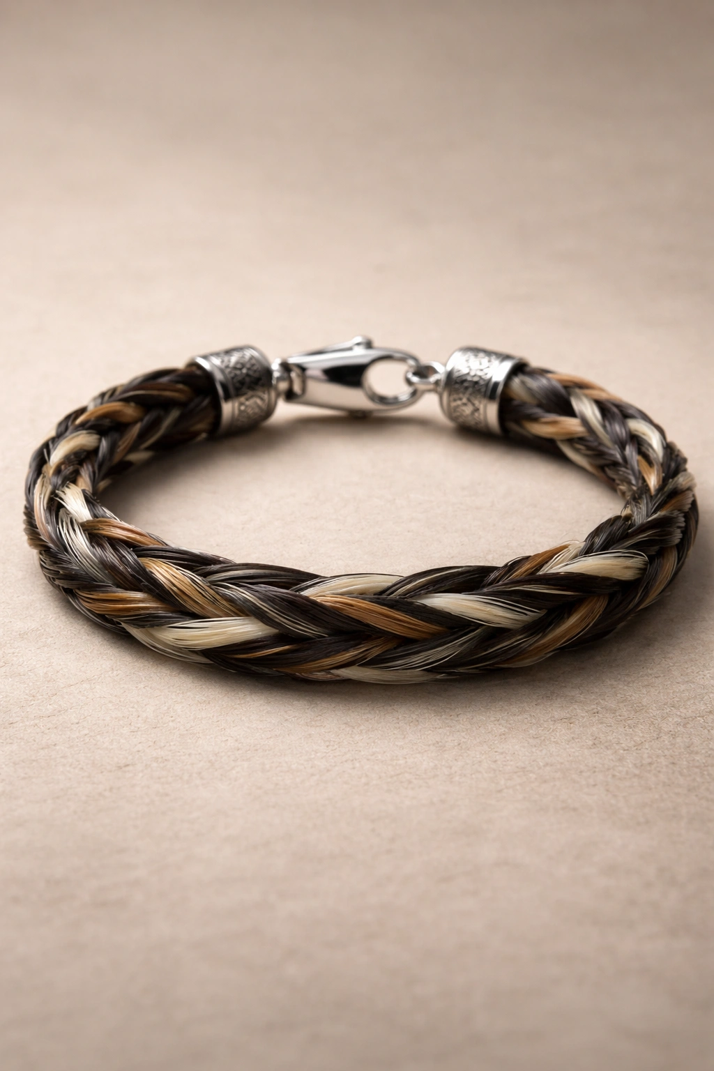 Close-up of a horsehair bracelet on a neutral background