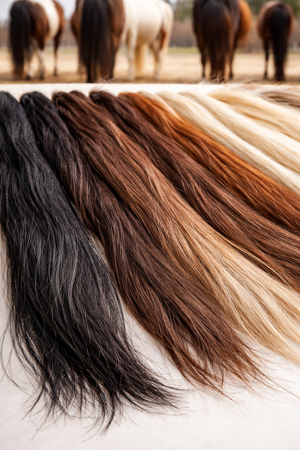 Long horsehair tail strands arranged by length and color on a clean background