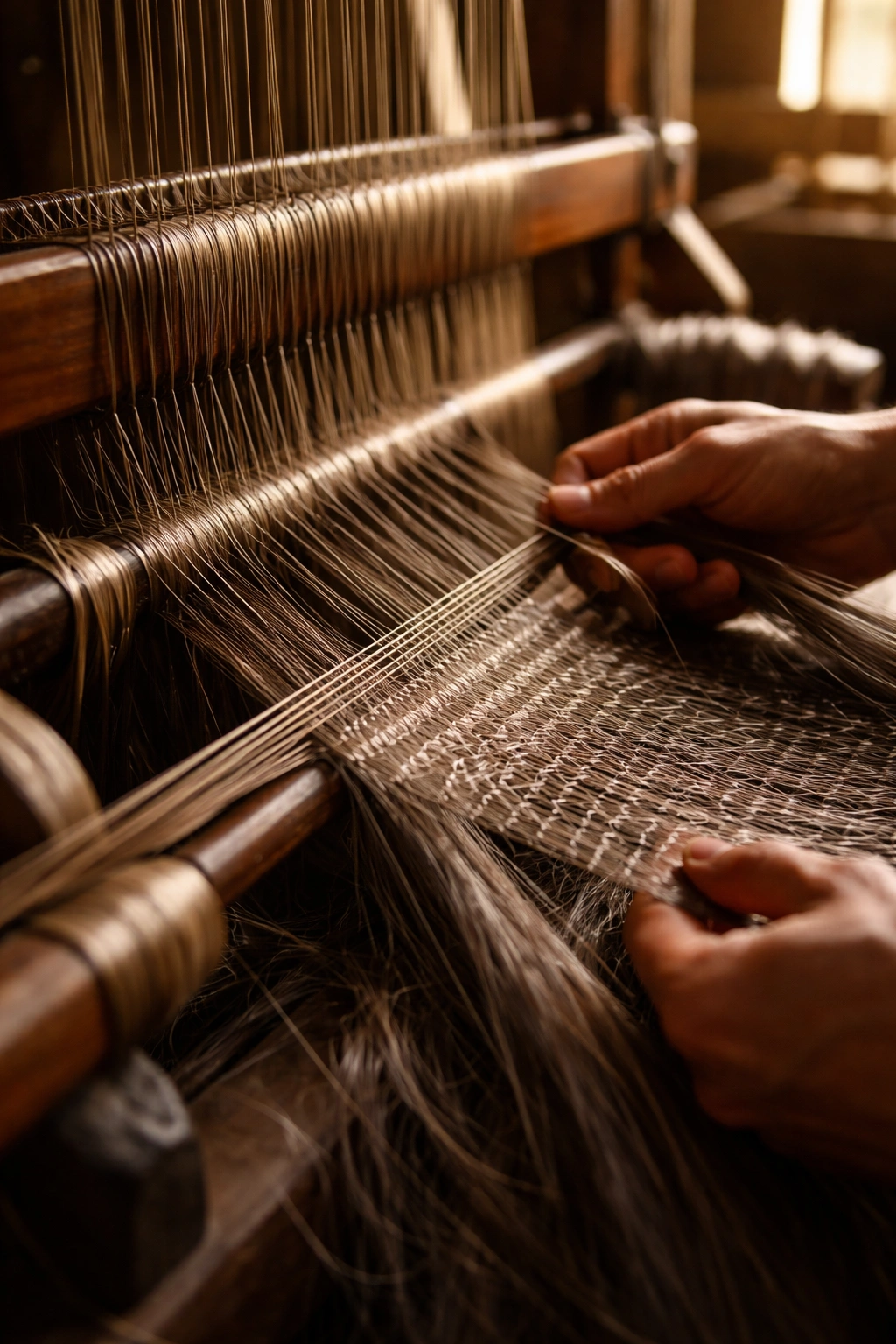 Close-up of horsehair weaving on a hand loom in a workshop