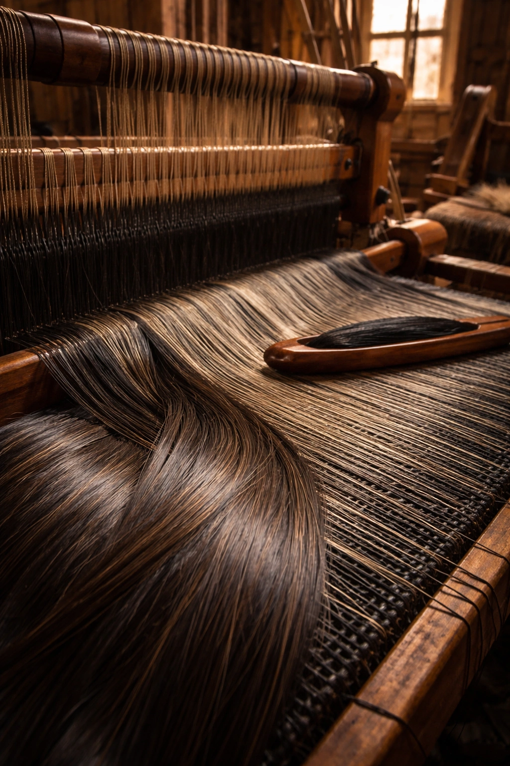 Close-up of horsehair being woven on a traditional loom with visible warp threads
